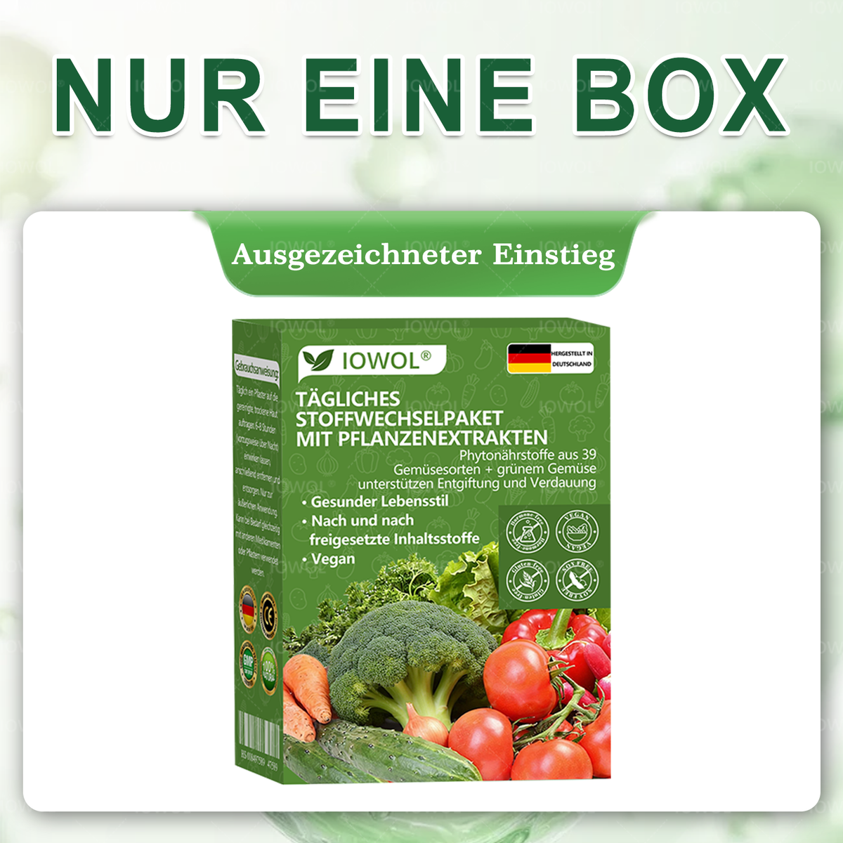 🥦 Offizieller Shop | IOWOL® Tägliche Stoffwechsel-Pflaster mit Bio-Extrakten aus 39 Gemüse- und Grünpflanzen für Detox, Verdauung, Stoffwechsel und Energie im Alltag.