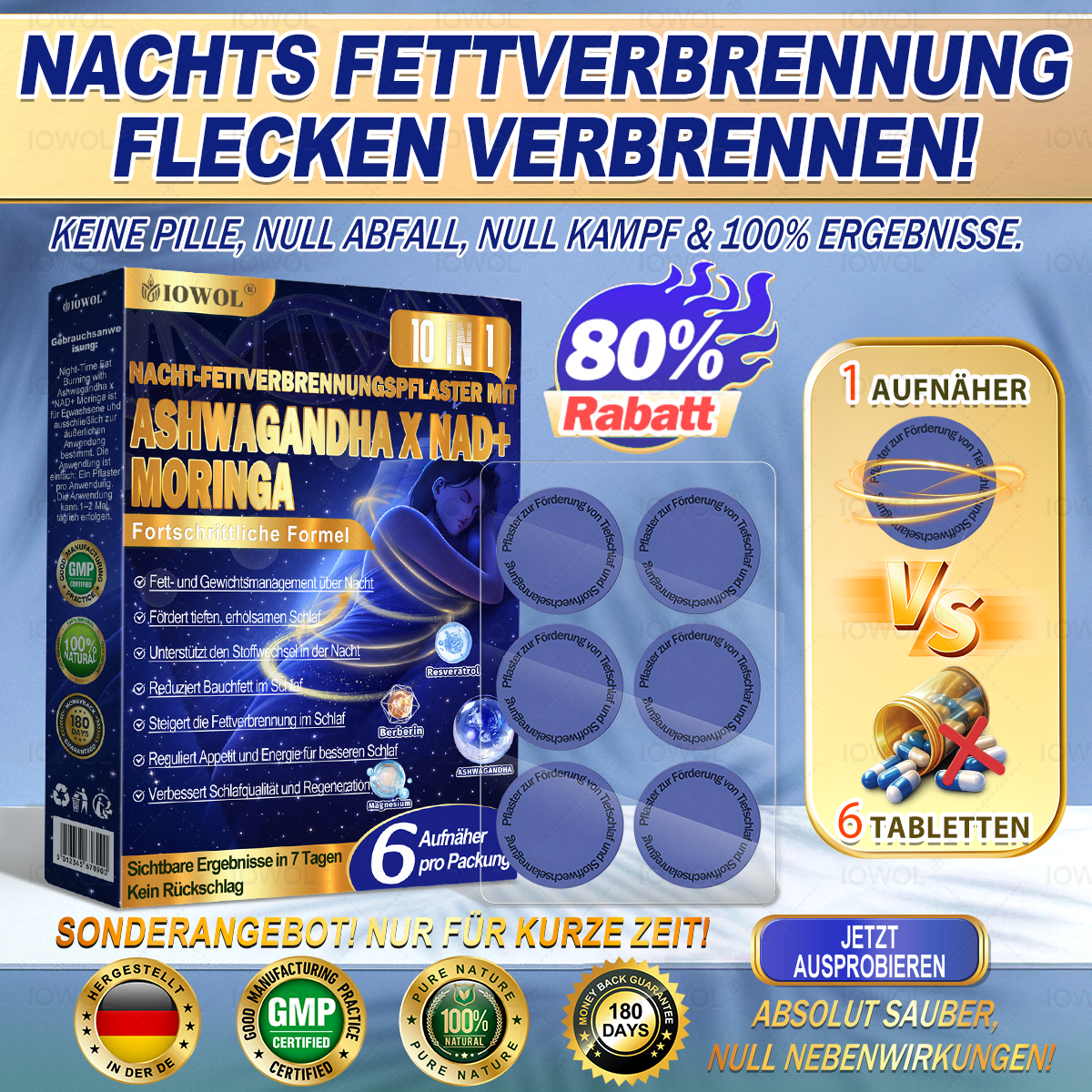 IOWOL® NACHT-PATCHES ZUR GEWICHTSKONTROLLE! OHNE TABLETTEN · OHNE VERSCHWENDUNG · OHNE AUFWAND · ECHTE ERGEBNISSE